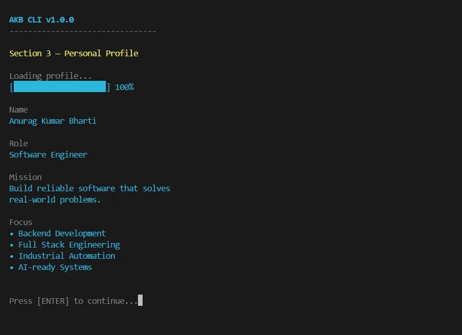 AKB CLI interactive command-line portfolio